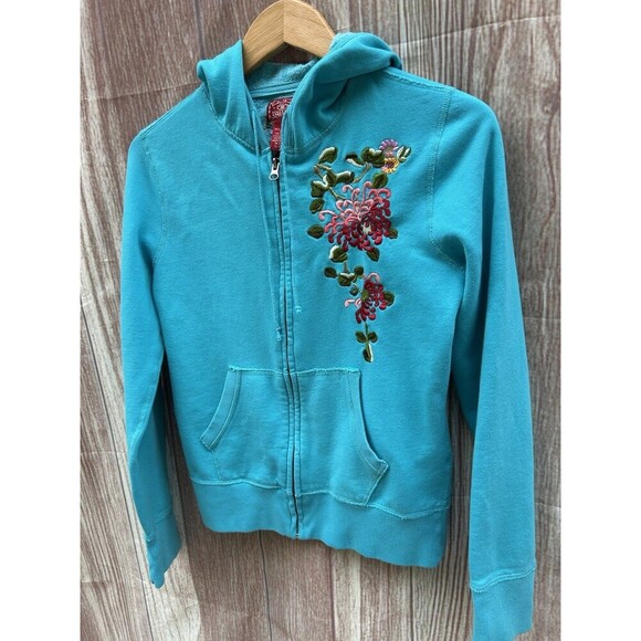 Vintage Lucky Brand Hoodie Y2K Turquoise Floral Embroidery Asian Art Sz M RARE - Picture 4 of 7